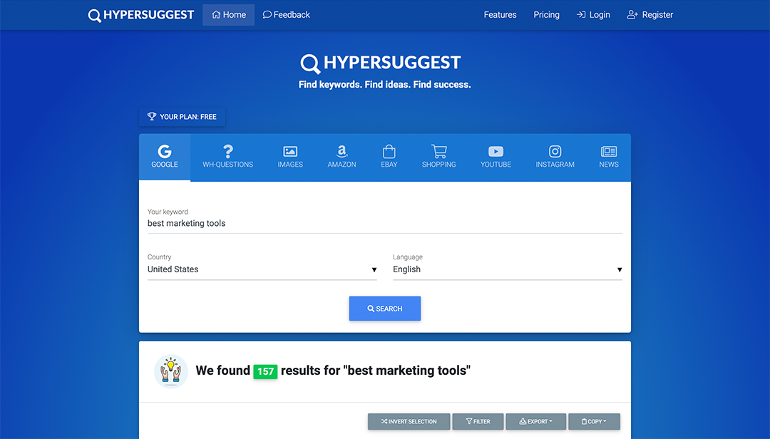 hypersuggest hashtag trends keyword recherche content marketing tool