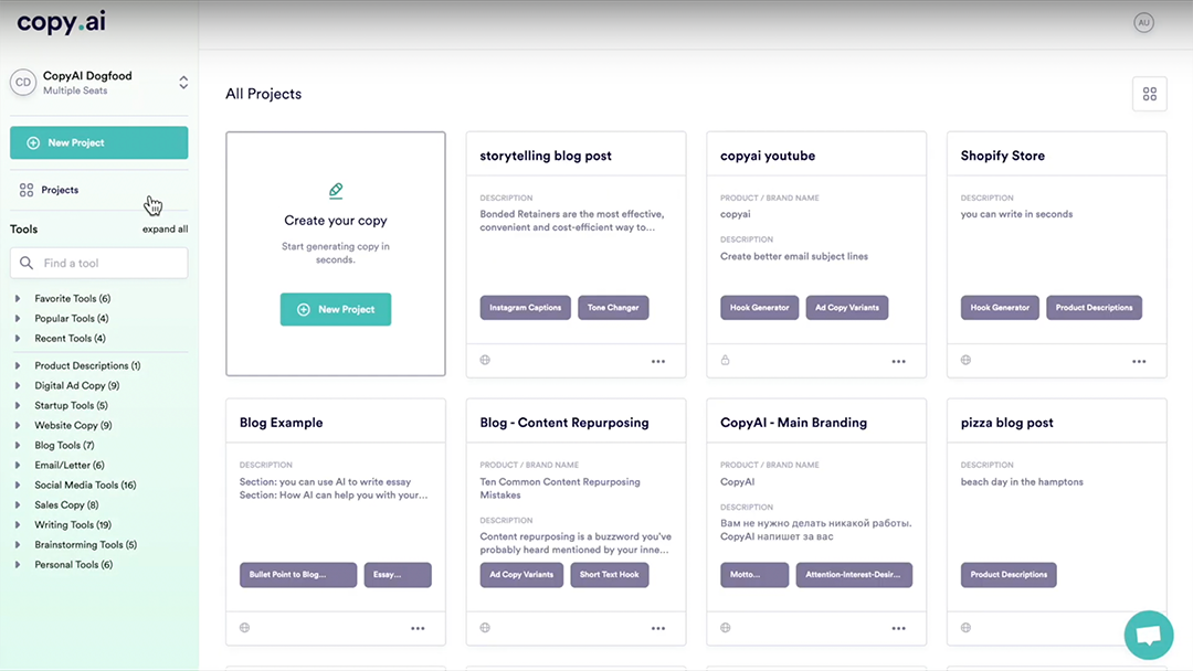 copy.ai create new project content tool
