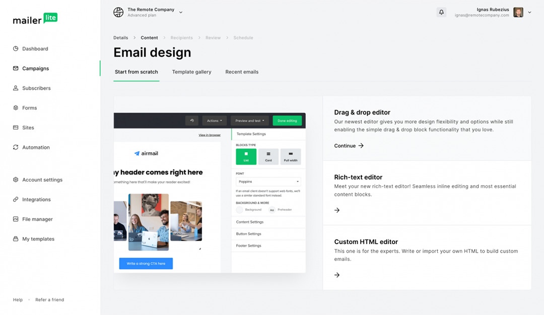 mailerlite email campaign design uebersicht